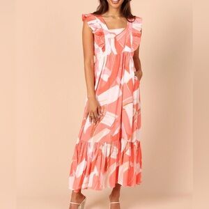 PETAL & PUP Ruffle Sleeve Vibrant Coral & White Tiered Maxi Dress